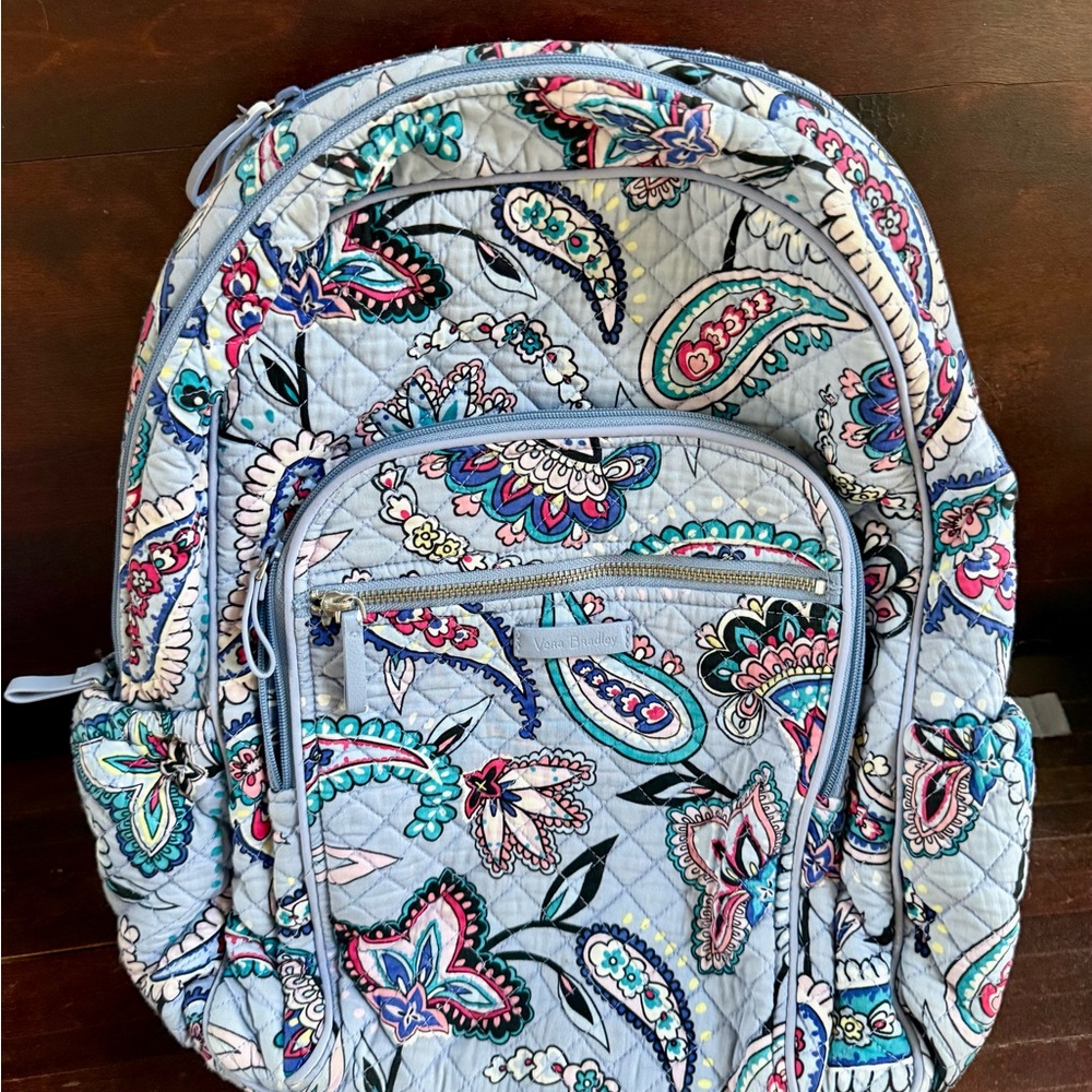 Vera Bradley Light Blue Paisley Quilted Backpack with Teal & Pink Accents
